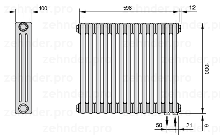 Схема (чертеж) Радиатор Zehnder Charleston 3100/13 №5510 Белый глянцевый RAL 9016
